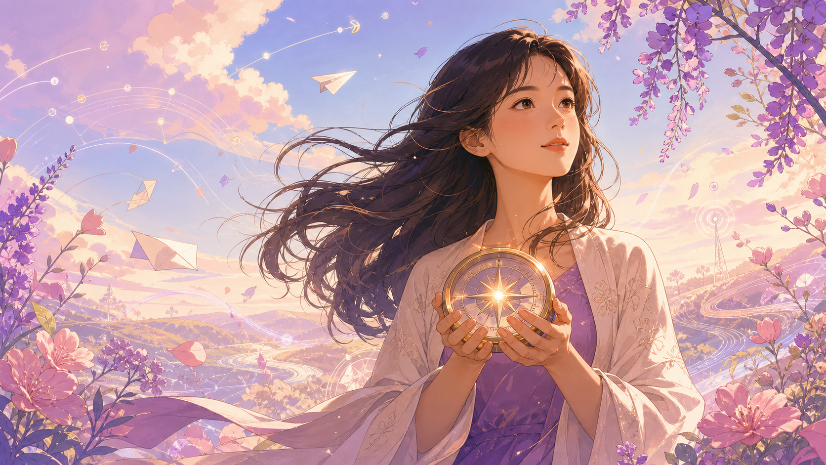 An Asian girl holding a glowing Soul Compass amid flowers and flowing technology signals